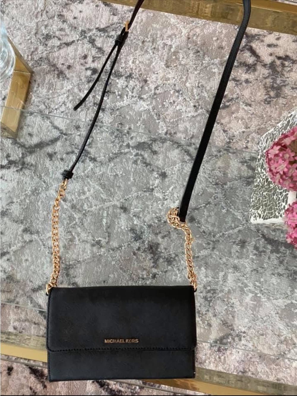 Michael Kors Black Leather Crossbody with Gold Chain Strap